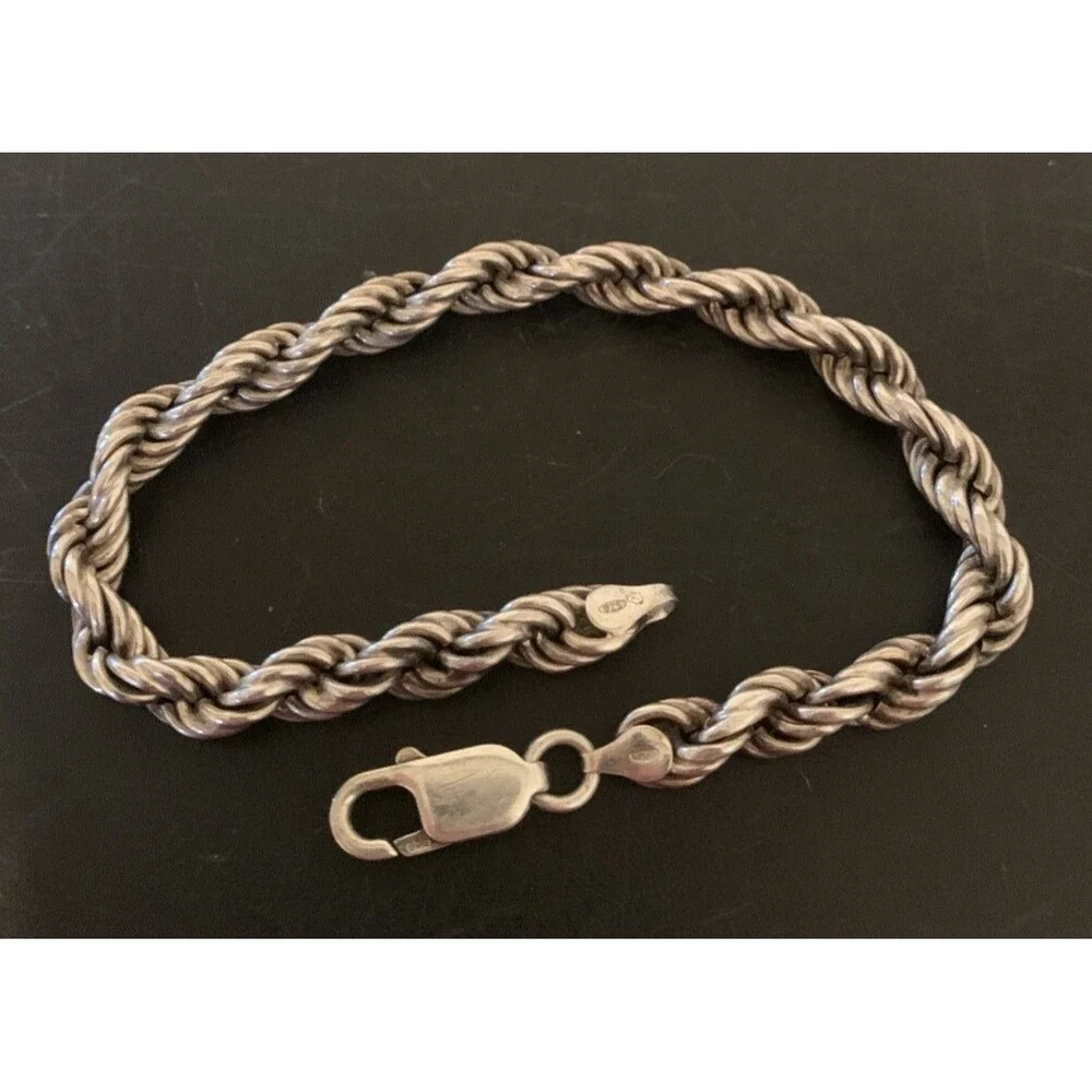 Vintage Sterling Silver Oxidized 8mm Twisted Rope Chain Bracelet 8” Unisex